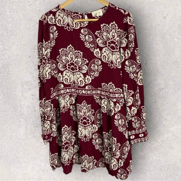 Sezane Andrea Dress Size 46 French US 14 Ornamental Print Burgundy Ecru Shift - Picture 3 of 14